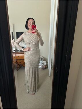 Carmen Marc Valvo Champagne Sequin Long Sleeve Gown